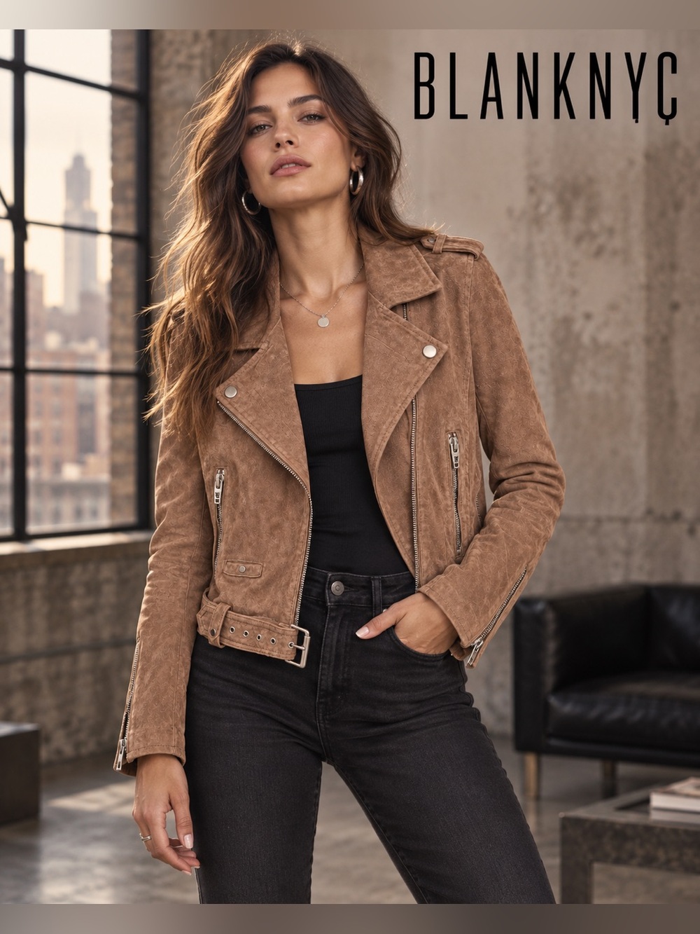 Blank NYC Tan Cognac Genuine Suede Moto Jacket with Belted Waist Size Medium M